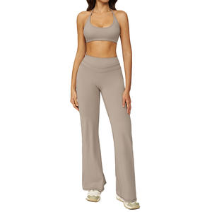 Ensemble de yoga brossé à séchage rapide avec logo personnalisé, dos ouvert, taille haute, vêtements de fitness, ensemble de sport pour la course en extérieur pour femmes. - Product Image 1