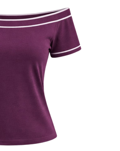 T-shirt femme violet prune à épaules dénudées avec bordure rayée blanche, manches courtes, coupe ajustée, décontracté, haut d'été, fabricant OEM personnalisé - Product Image 2