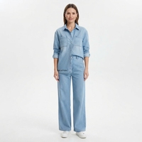 Ensemble chemise en jean bleu clair et jean à jambes larges pour femme, tenue décontractée en denim deux pièces, mode streetwear