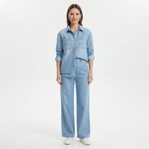 Women Light Blue Denim <b>Shirt</b> And Wide Leg Jeans Set Casual Two Piece Matching Denim Outfit Streetwear Fashion - Product Image 1