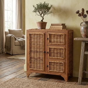 New Modern Minimalist Lombok Wooden <b>Storage</b> Cabinet Natural Rattan Wicker 1 Large Door 3 Drawers Side Table Unit Living Room <b>Bed</b> - Product Image 5