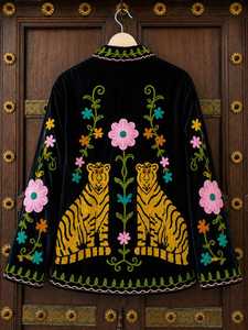 Luxurious Feel Tiger Embroidered <b>Velvet</b> Jacket Black Floral Boho <b>Coat</b> Artisan Suzani Everyday Bohemian Looks Statement Outerwear - Product Image 3