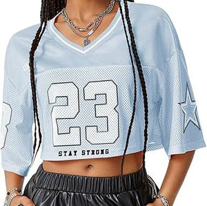 Camiseta de fútbol americano barata al por mayor para mujer, personalizada, de malla holgada, con hombros caídos, cuello en V, manga corta, 100% poliéster - Product Image 1