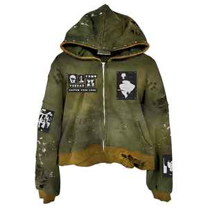 Sweat-shirt à capuche zippé en molleton bouclette personnalisé, délavé, déchiré, brodé, imprimé, vintage, effet délavé à l'acide, pour homme - Product Image 1