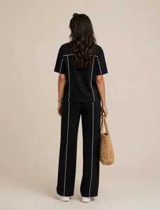 Women's Black <b>Short</b> Sleeve Crew Neck <b>Top</b> <b>And</b> Wide Leg Pants Tracksuit <b>Set</b> With White Contrast Piping - Product Image 2