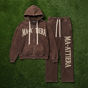Ensemble survêtement homme personnalisé avec sweat à capuche zippé marron délavé et pantalon de survêtement large – Vente en gros OEM ODM - Product Image 5