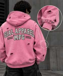 Sweat-shirt à capuche rose zippé Sial Apparel Mfg pour homme, style streetwear oversize, en molleton, avec clous et déchirures, 100 % coton, imperméable - Product Image 6