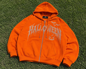Sweat-shirt à capuche zippé surdimensionné pour homme, orange, avec strass imprimés, en coton épais, style streetwear décontracté - Product Image 6