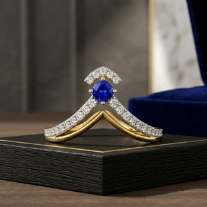 Bague Chevron en Saphir Bleu pour Femme, Pierre Centrale Ronde, Accents Pavés, Plaqué Or 10K 14K 18K, Argent 925, Mariage - Product Image 1