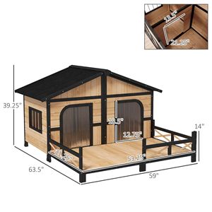 Casa de perro de madera grande de 59 \ "x 64 \" x 39 \ ", estilo de cabaña de madera rústica resistente a la intemperie, refugio elevado para mascotas para cubierta de porche Natural - Product Image 3