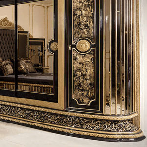 Armoire de luxe royale en acajou massif, style antique européen, finition noir et or, porte miroir, pour palais, villa, appartement, chambre à coucher - Product Image 4