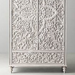 Luxury Handcrafted Solid Wood 2 Door <b>Wardrobe</b> Ornate Floral Carving Distressed White Finish Armoire - Product Image 3