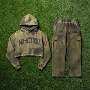 Custom Women Olive Green Acid Wash <b>Cropped</b> Hoodie Cargo <b>Jogger</b> Set Cotton Fleece Streetwear Tracksuit OEM Wholesale - Product Image 5