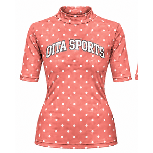Camiseta de Manga Corta con Cuello Alto y Estampado de Puntos Rosa Coral para Mujer, Ajustada, Elástica, Informal, a la Moda, Ropa de Verano al por Mayor - Product Image 1