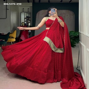 New Arrival Satin Chiffon with Bandhani Print & Lace Border Flared <b>Red</b> Lehenga-Readymade Choli-Matching Dupatta Indian Exporter - Product Image 1