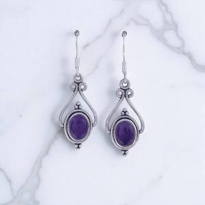 Elegant Designer Handmade Dangle Drop <b>Hook</b> <b>Earring</b> Natural Amethyst And Moonstone Gemstone 925 Stamped Silver <b>Earrings</b> - Product Image 2