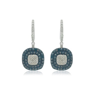 Pendientes Colgantes con Halo de Diamantes Naturales Azules y Blancos de Corte Redondo de 2.98 Cttw, Plata de Ley 925, Color G-H I2 - Product Image 1