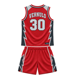 Ensemble d'uniformes de basketball personnalisés pour hommes, rouge et noir, maillot sans manches à col en V et short, avec nom et numéros d'équipe, imprimé éclair, kits en gros - Product Image 2