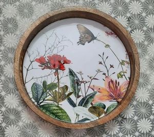 Plateau de rangement en bois de forme rectangulaire avec incrustation florale, finition vernie, design minimaliste pour utilisation sur table, à un seul niveau - Product Image 4