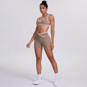 Custom 2026 Seamless 2 Piece Yoga Set Scoop Neck Crop Top High Waist Shorts Contrast Binding Solid Color Sport Wear - Product Image 5