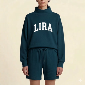 Premium elegant winter women mockneck fleece <b>set</b> breathable cotton soft warm cozy lounge wear relaxed fit stylish outfit - Product Image 1