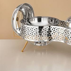 Double Stainless Steel Chafing Dish Laser Cut Design <b>Food</b> <b>Warmer</b> with Glass Lids and Legs Gold Accents for Hotel Event Catering - Product Image 5