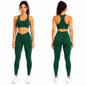 Women <b>Seamless</b> V Waist Yoga Set Ribbed High Waist <b>Leggings</b> Sports Bra Fitness Gym Activewear Set - Product Image 1