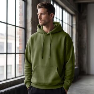 เสื้อฮู้ดสีเขียวมะกอกสำหรับผู้ชาย ทรงปกติ ผ้าฝ้ายเฟรนช์เทอร์รี่ สไตล์ลำลอง สำหรับฤดูใบไม้ร่วง มีกระเป๋า ดีไซน์ถัก แขนยาว - Product Image 6