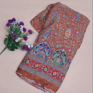 ผ้าเครปสีน้ำตาลอูฐลายดอกไม้เพสลีย์ปักลายธรรมชาติพร้อมขอบตกแต่งอย่างหรูหราสำหรับชุดคุรตีแบบชาติพันธุ์ - Product Image 1