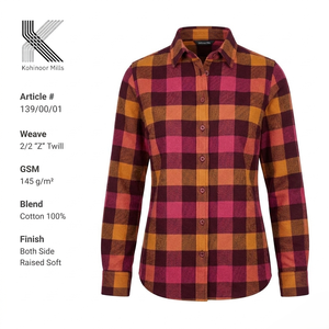 Camisa de Franela para Mujer, 100% Algodón, 145GSM, a Cuadros, Sarga 2/2, Manga Larga, OEM, ODM - Product Image 1