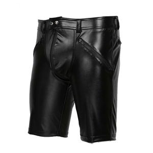 Men's Black PU Coated Bermuda Shorts Mid Waist Zipper Fly Moto Biker Style With Zippers Pockets Breathable Spandex Polyester - Product Image 2