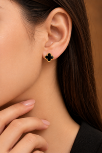 925 Sterling Silver Stud Earrings White Gold Plated Black Onyx Beaded Clover Ear Jewelry for Women - Product Image 1