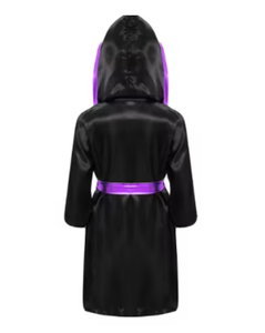 PROFIT SPORTS Black Purple Hooded <b>Robe</b> <b>Satin</b> Trim Belt Breathable Quick-Dry Polyester Material Long Sleeve Boxing Training Coat - Product Image 4