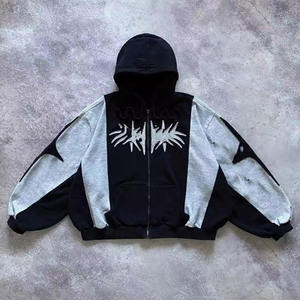 <b>Mens</b> <b>Black</b> Grey Color Block Zip Up Hoodie Oversized Graphic Hooded Sweatshirt Streetwear Casual Fleece Jacket - Product Image 5