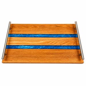 Magnifique plateau de service rectangulaire en bois pour la maison, avec incrustation en résine bleue, finition vernie, design minimaliste, pour la rangement de vaisselle >501ml - Product Image 1