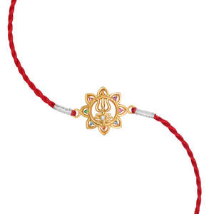 Potente trishul del Dios Shiva con circonita cúbica, chapado en oro sobre plata de ley, rakhi hecho a mano para él, para hermano, bhaiya. - Product Image 2