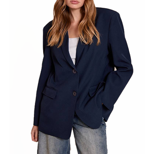 Blazer sur mesure OEM pour femme, bleu marine, coupe ajustée, col en V, un bouton, en viscose peignée et polyester, pour le bureau et les affaires, vente en gros - Product Image 1