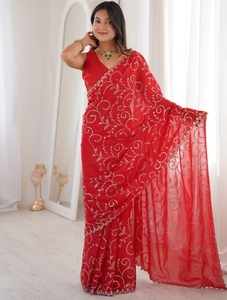 KV Women's Georgette <b>Red</b> Embellished Saree with Unstitched <b>Blouse</b> - Product Image 3