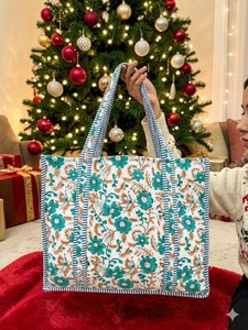 Oversized Large Quilted Weekend Tote <b>Bag</b> - Cotton Block Printed <b>Overnight</b> <b>Bag</b> Grocery Shopping Travel Handmade <b>Bags</b> For Women - Product Image 3