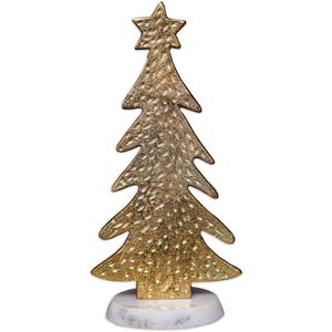 Figurine de sapin de Noël en métal faite à la main par le fabricant, finition dorée texturée sur socle en marbre blanc, centre de table pour les fêtes - Product Image 1