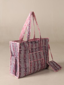 OEM Assorted Purple Striped Floral Quilted Cotton Tote <b>Bag</b> with Pouch - <b>Boho</b> Reusable Shopper - Product Image 1