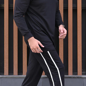 Men's <b>Black</b> <b>Long</b> Sleeve O-Neck <b>T</b>-<b>Shirt</b> Regular Fit Knitted 100% Cotton Casual Solid Color Contrast Trim Front Quick Dry - Product Image 1