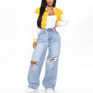 Women's Custom Breathable Embroidery Varsity <b>Jacket</b> Winter Cropped Genuine Leather <b>Long</b> Sleeves - Product Image 3
