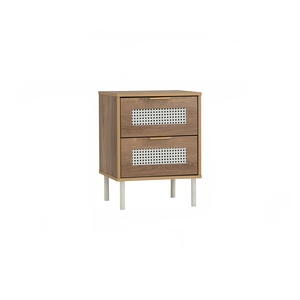 Modern Minimalist 2 <b>Drawer</b> Nighstand with Rattan Oak Finish <b>Side</b> <b>Table</b> and Durable Metal Legs for Home Furniture Use - Product Image 1