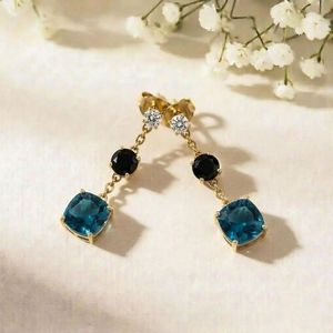 Natural London Blue Topaz Cushion Cut & Black Obsidian Drop <b>Earrings</b> CZ Accent Gemstone Dangle <b>Fine</b> Stud <b>Earrings</b> Jewelry - Product Image 4