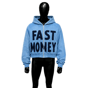 Sudadera con capucha azul claro premium FAST MONEY, estilo streetwear, para uso diario, con cremallera frontal oversize y estampado en relieve, de algodón francés. - Product Image 1