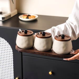 Elegante juego de recipientes de almacenamiento para cocina con tapa de madera, ranura para cuchara y bandeja de servicio, organizador compacto para encimera para té, café y azúcar - Product Image 5