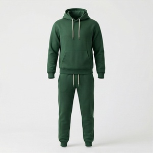 Ensemble de survêtement unisexe vert à capuche, sweat-shirt et pantalon décontractés en coton pleine longueur avec cordon de serrage et poches, couleur unie, pour l'automne - Product Image 1