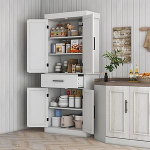 Armadio Alto da Cucina da 72 Pollici, Ecologico, Indipendente, con Ante Scorrevoli e 5 Ripiani Regolabili Bianchi per Sala da Pranzo - Product Image 2