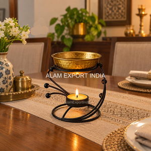 Iron Leaf Design Black Powder Coated Aroma <b>Oil</b> Diffuser Religious Incense <b>Burner</b> With Brass Hammered Design Round <b>Oil</b> Bowl Deco - Product Image 2